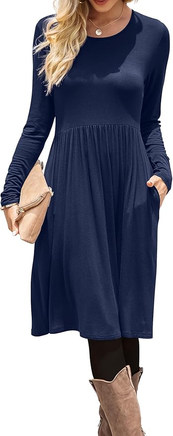 DB MOON Women Casual Long Sleeve Dresses Empire Waist Loose Dress with Pockets (Navy Blue, 2XL)