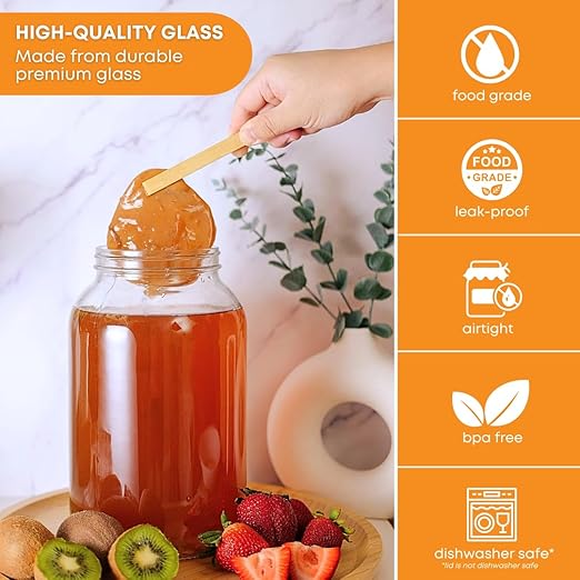 4-Pack 1 Gallon Glass Jar with Lid | Wide Mouth Set with White Metal Caps