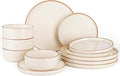 Famiware Nebula 12-Piece Dinnerware Set, Vanilla White with Brown Rim