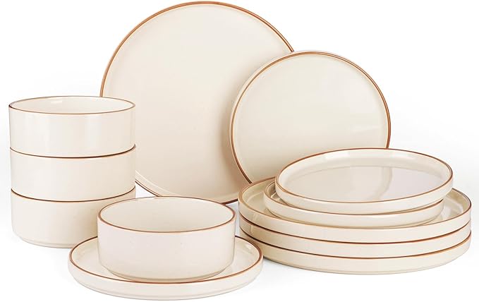 Famiware Nebula 12-Piece Dinnerware Set, Vanilla White with Brown Rim