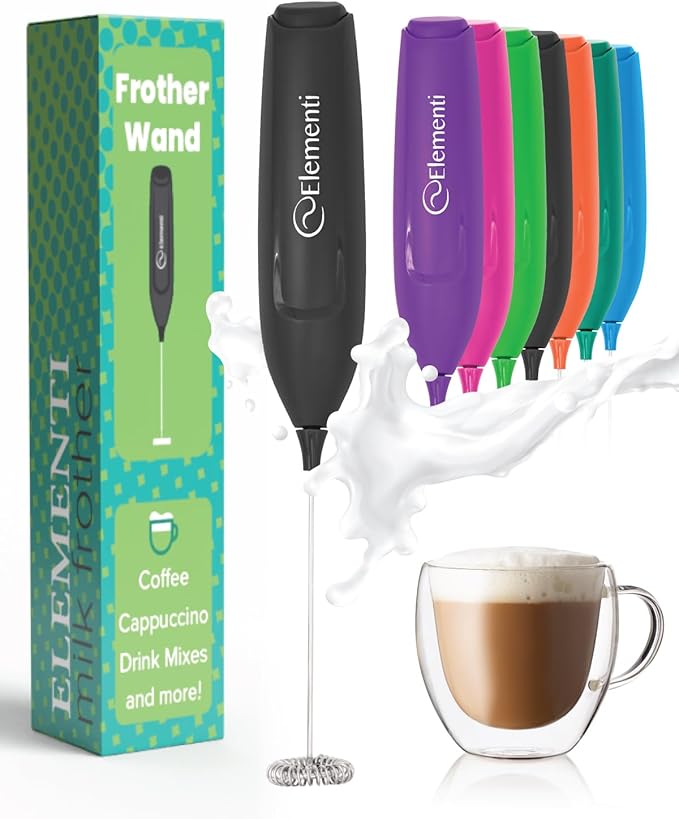 Elementi Frother Wand – Powerful Milk Frother & Coffee Stirrers Electric, Matcha Whisk for Dreamy Lattes, Powerful Coffee Mixer Wand & Blender Stirrer - Make Creamy Cappuccinos at Home (Black)