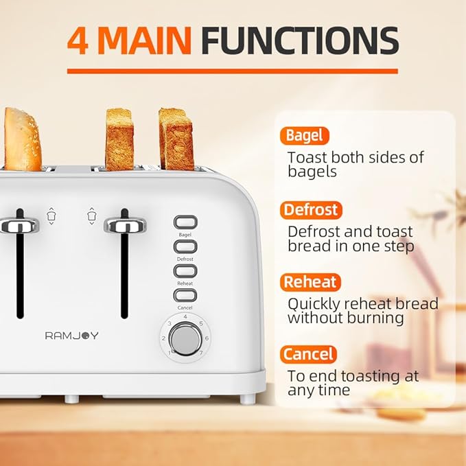 RAMJOY White Toaster 4 Slice, Dual Independent Controls, Extra Wide Slot Toasters for Bagel, Bread, Waffles, 7 Shade Settings, 4 Main Functions, Removable Crumb Tray, 1500 Watts, White Stainless Steel