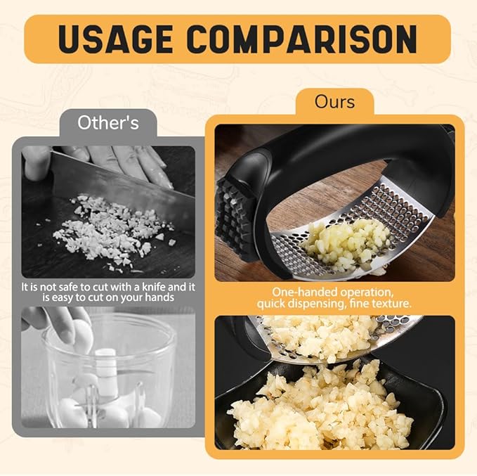 Stainless Steel Garlic Press Rocker, 2025 New Garlic Mincer and Garlic Crusher, Easy-Squeeze Garlic Tool with Peeler and Cleaning Brush for Smashing Garlic (1 Set)