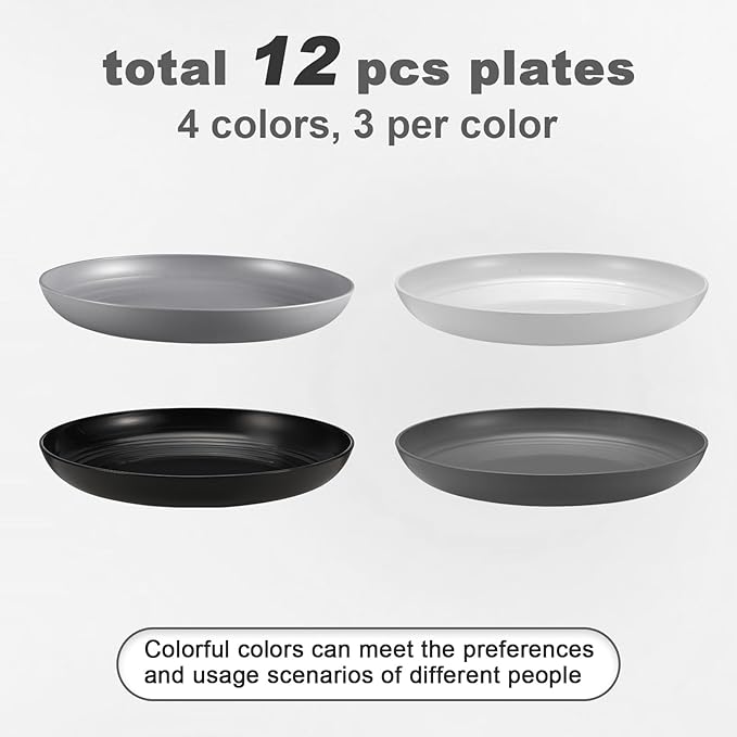 HEYCOME 12 Pcs Unbreakable Deep Dinner Plates Set, 10 inch Reusable Plastic Wheat Straw Plates, Microwave and Dishwasher Safe Plate for Kitchen, Lightweight Plate for Dessert, BPA Free, 4 Colors