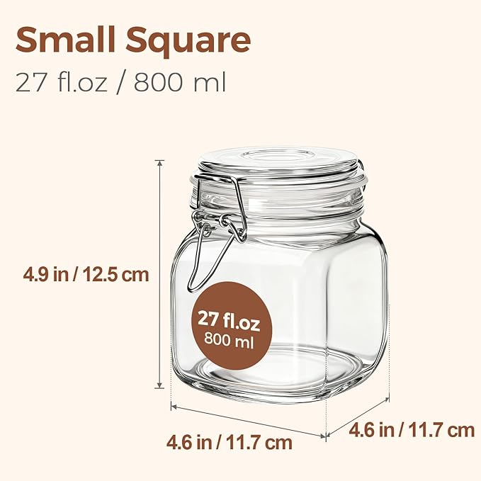ComSaf Square Glass Pantry Jars with Airtight Lids 27 oz 6 Pack Spice Jar