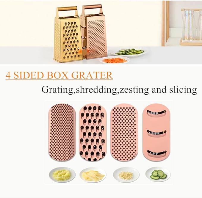 TEAHAHA 4 Sides Box Grater For Kitchen,Stainless Steel Cheese Grater With Handle,Multi-Function Vegetable Slicer Food Shredder For Chees,Ginger,Vegetables,Rose Gold