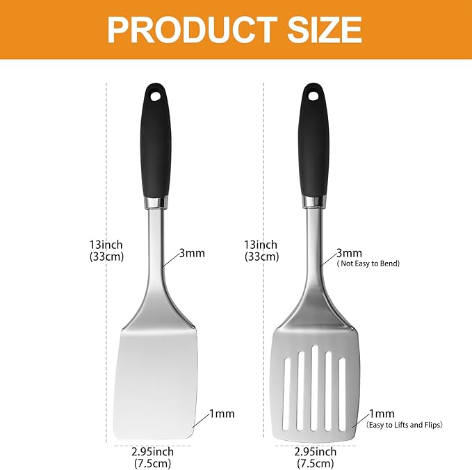 Stainless Steel Spatulas Set, 2 Pack Metal Solid & Slotted Turner