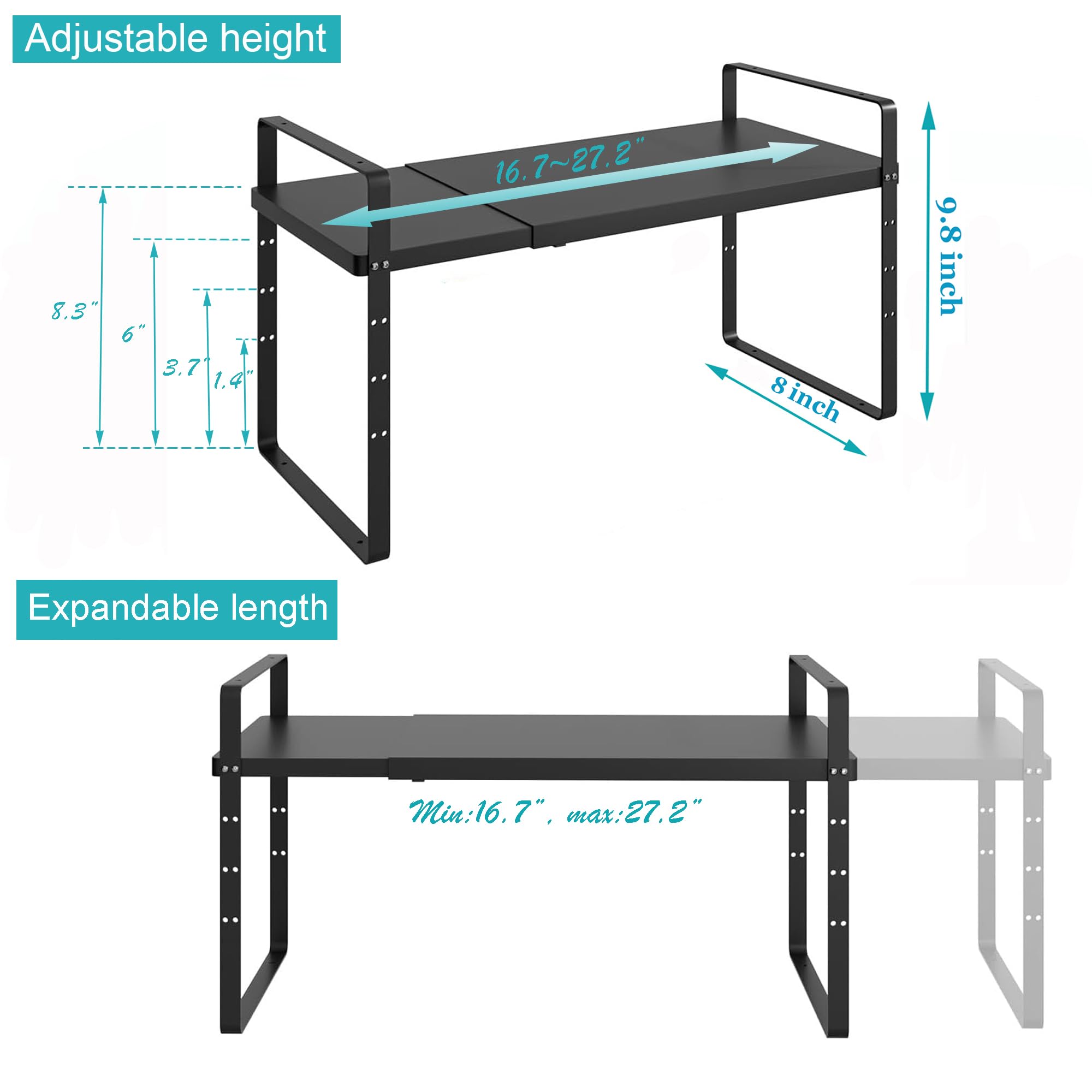 iPEGTOP Expandable Cabinet Storage Shelf Organizer Rack, Heavy Duty Cupboard Stand Spice Rack Adjustable Height Pantry Garage Shelf Space Riser for Counter Kitchen Organization, Black, 1 Pack