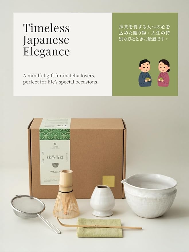 WUSEI Matcha Set with Handmade Ceramic Bowl & Bamboo Whisk, Pearl Gray,6-Pc