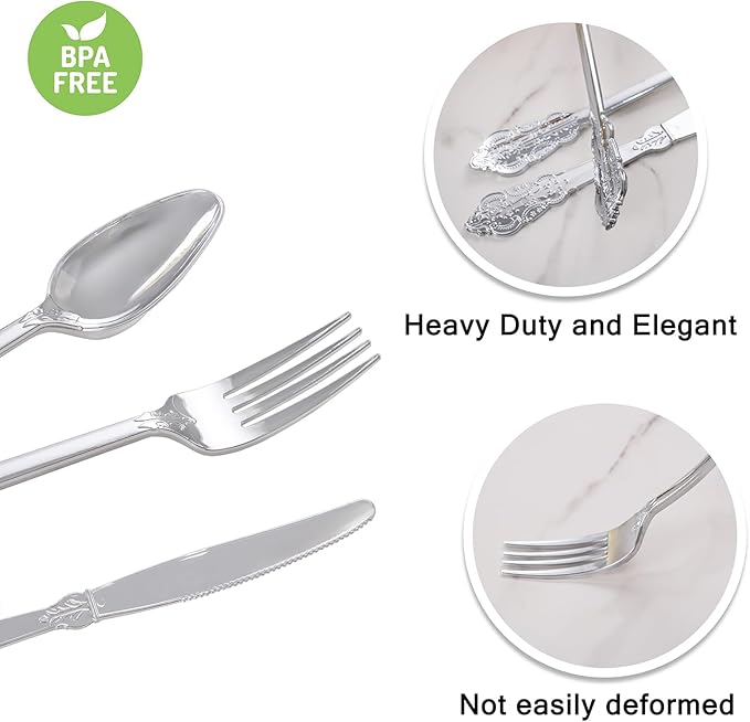 WELLIFE 50 Pack Silver Plastic Silverware, Wrapped Silverware Set Disposable,Include 50 Forks, 50 Knives, 50 Spoons and 50 Napkins, Disposable Cutlery for Party and Wedding