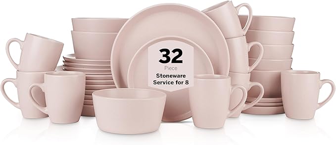Stone Lain Albie Stoneware 32-Piece Modern Dinnerware Set, Kitchen Plates and Bowls Sets, Service for 8, Pink, Microwave & Dishwasher Safe