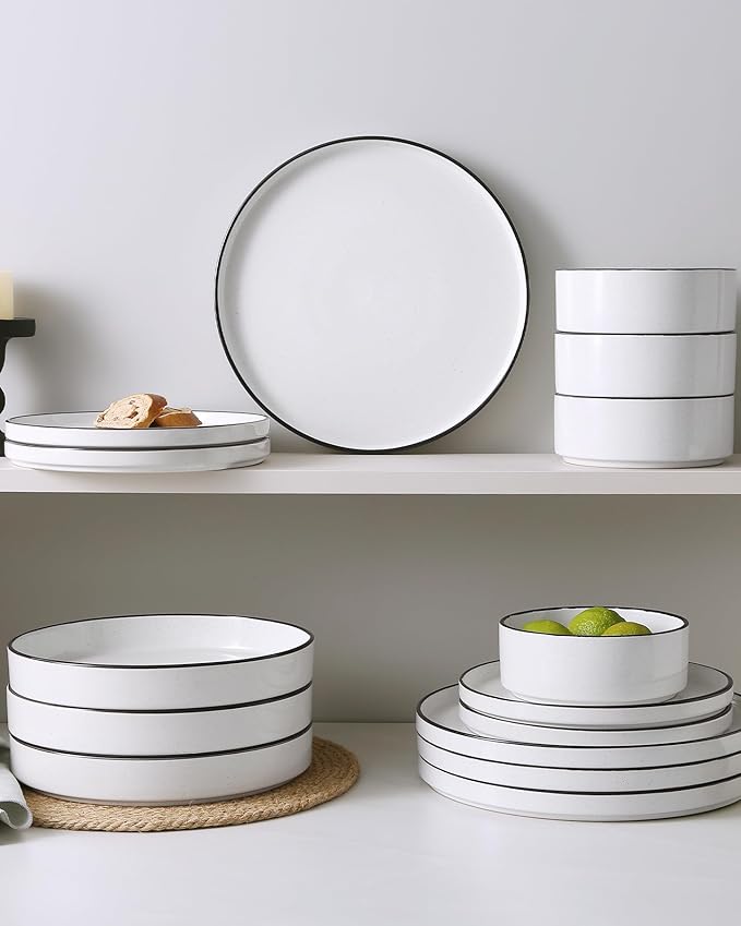 Famiware Nebula 24-Piece Dinnerware Set, White with Black Rim