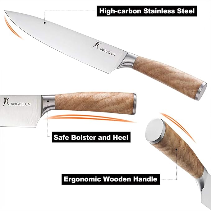 Kangdelun Ultra Sharp 15-Piece Kitchen Knife Set, High Carbon Stainless Steel Blades, Torrefied Natural Wood Handles, Ergonomic Design, Space-Saving Black-Finished Wood Block, Easy Hand Wash, Gift Box