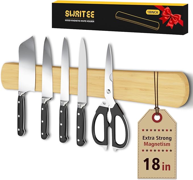 Magnetic Knife Holder, 18 Inch Bamboo Wood Knife Strip for Wall or Fridge
