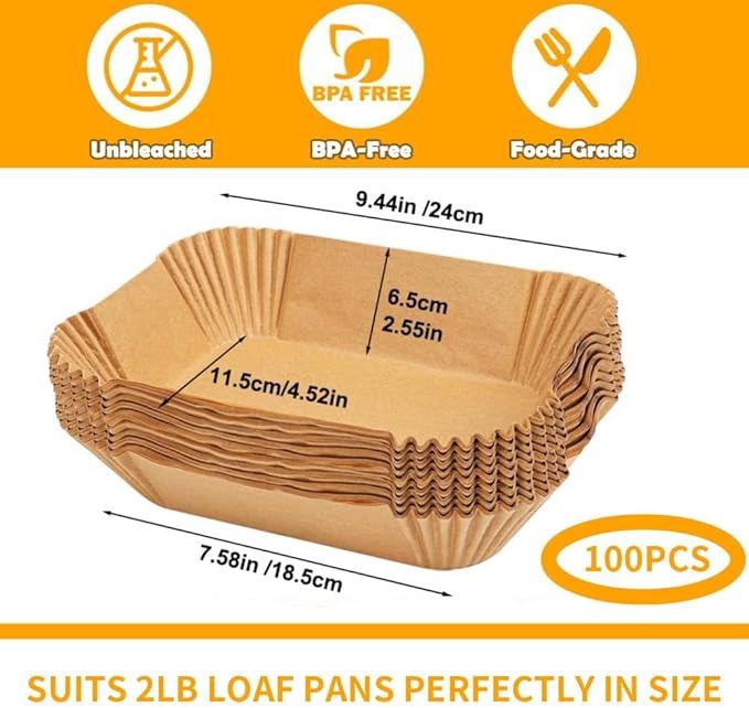 Loaf Pan Liners, 9x5In Air Fryer Liners Disposable, 100Pcs Loaf Pan Parchment Liners, Non-Stick Pre Formed parchment paper for baking, Rectangle Bread Pan Liners for Baking Bread for Ninja DZ201