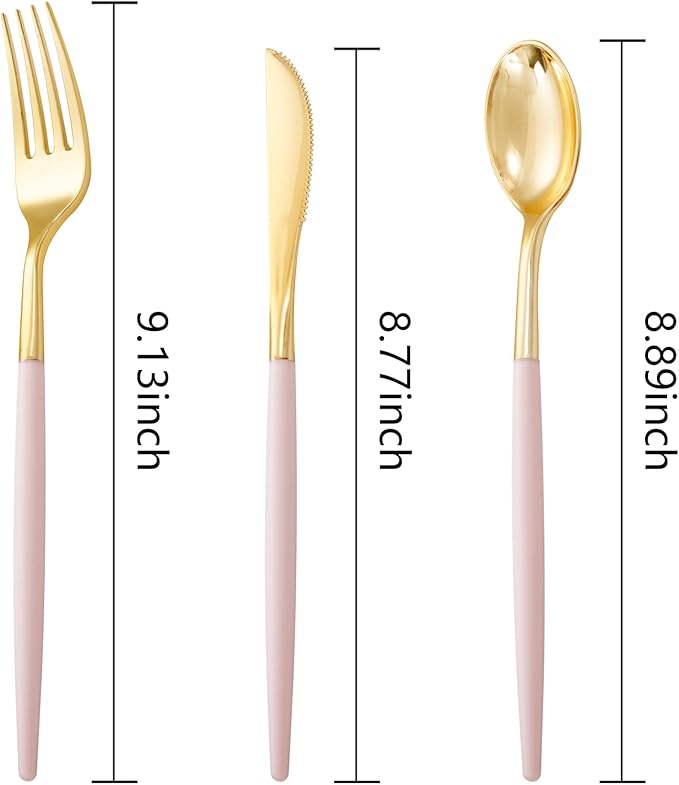 I00000 60 Pcs Pink Plastic Silverware, Fancy Gold Utensils with Pink Handle