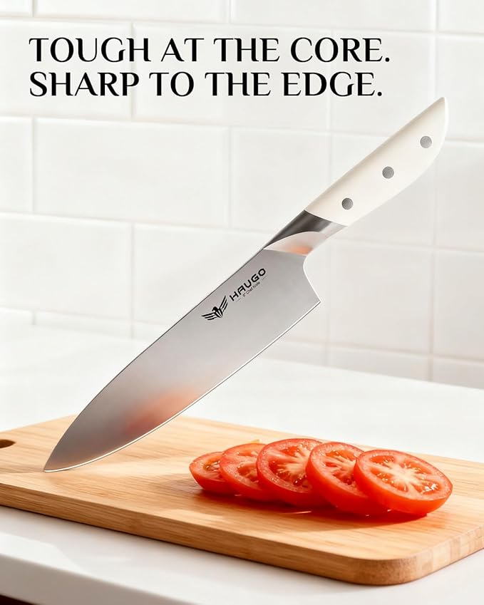 Haugo Kitchen Knife Set with Block: 14-Piece German Stainless Steel Full Tang Professional Knife - Comfortable Grip Reduces Hand Fatigue 30% - Dishwasher Safe & Sharpener - White Knife Set for Cooking