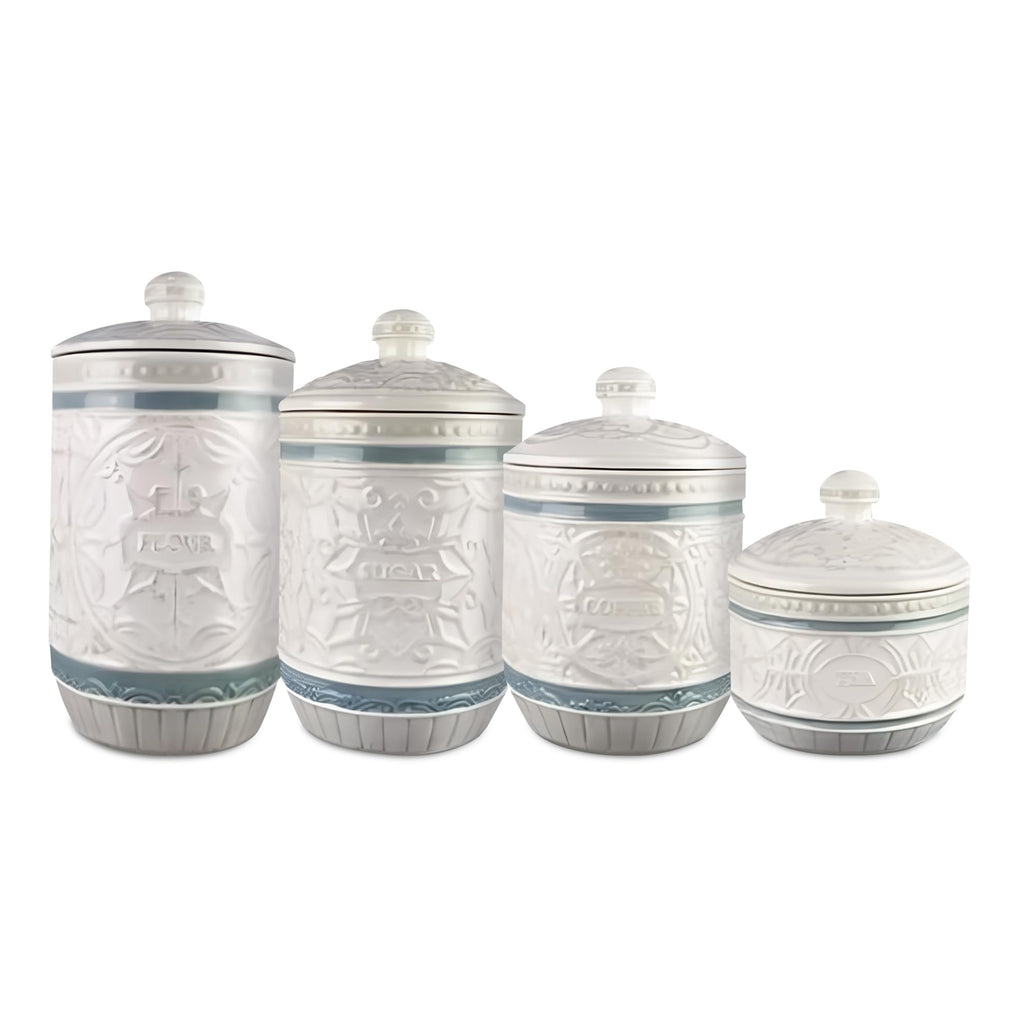 Young's Inc. 4 Pcs Set Casual Provincial Ceramic Canisters- Storage Container for Kitchen and Bathroom - Beautiful Home Decor Accent to Store Food, Coffee, Tea, and More - Green, White