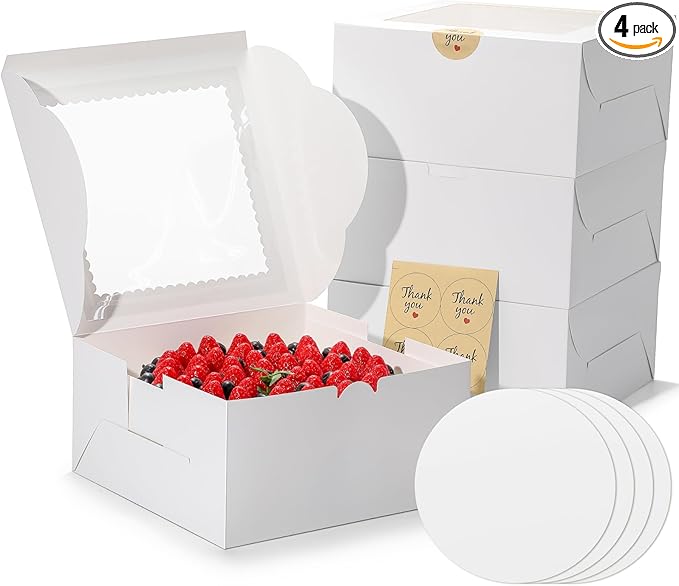 EQOREIIN 4Pack 10 inch Small Cake Boxes with Cake Board and Stickers