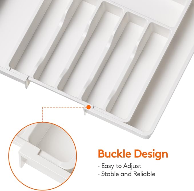 Lifewit Extra Large Silverware Drawer Organizer, Expandable Utensil Tray for Kitchen, BPA Free Flatware and Cutlery Holder, Adjustable Plastic Storage for Spoons Forks Knives, 13-22 x 15, White