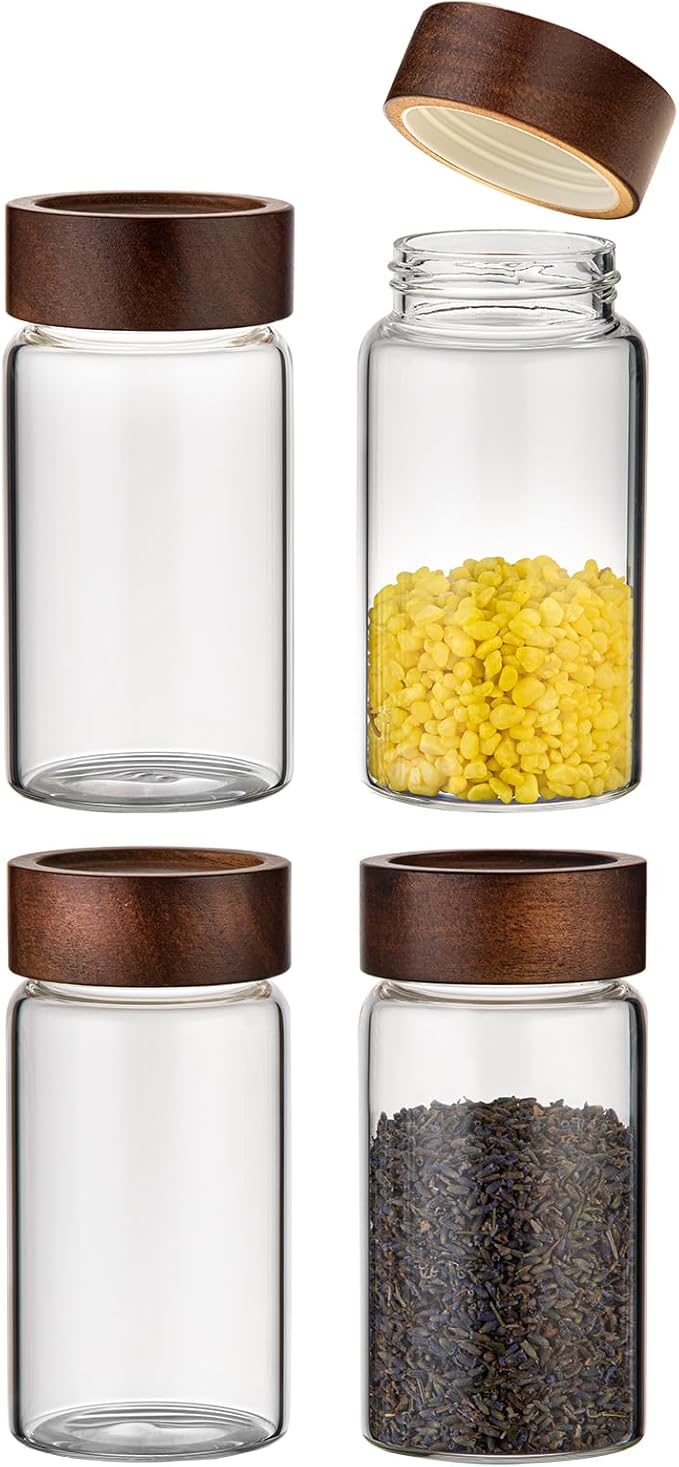 Patoper 8 oz Small Glass Spice Jars with Airtight Wood Acacia Lid 4 PCS,Clear Coffee Ground Storage Canister Round Glass Spice Jar for Pantry Sugar Tea Bean Nuts Cookies Salts Seasoning
