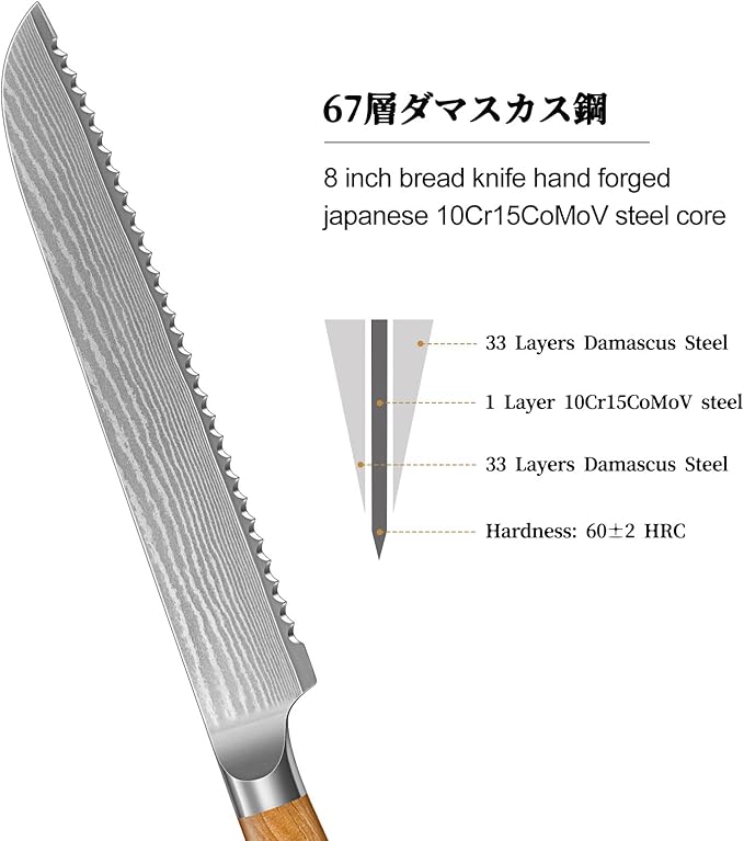 HOSHANHO Damascus Bread Knife 8", Sharp Serrated for Homemade Sourdough