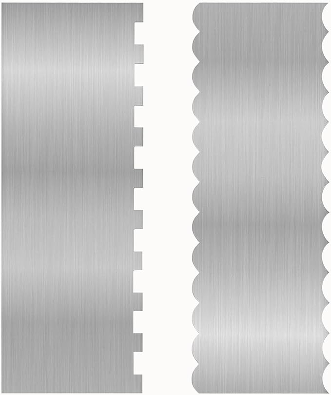 2 Pcs Stainless Metal Cake Scraper Smoother Double Sided Patterned Edge Cake Decorating Supplies Spatula Frosting Icing Tools Comb for Icing Cakes Buttercream Decorating