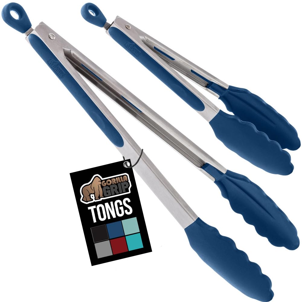 GORILLA GRIP Stainless Steel BPA-Free Kitchen Tongs for Cooking, 9+12 Inch, Heat Resistant BBQ Tong Set of 2, Non Scratch Silicone Tip for Pan, Strong Grip, Grab Food, Toss Salad, Pull Lock, Blue