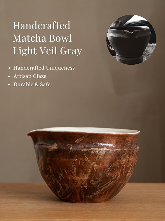 WUSEI Matcha Set with Handmade Ceramic Bowl & Bamboo Whisk, Dark Brown,6-Pc