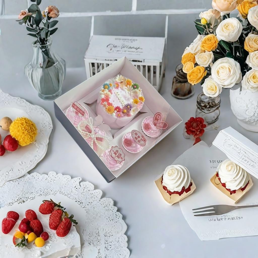 SAHROO Bento Cake and Cupcake Box 4-inch Cake and 5 Cupcakes Box 10 Sets for Family Dinner Birthday Party Picnic Gift