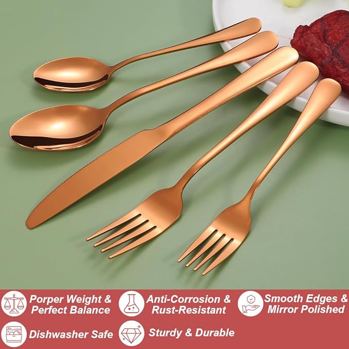 40 Pcs Rose Gold Silverware Set for 8, Food Grade Stainless Steel Flatware Set, Eating Utensils Sets Include Fork/Knife/Spoon, Reusable Cutlery Set for Home Kitchen, Dishwasher Safe, Round Edge