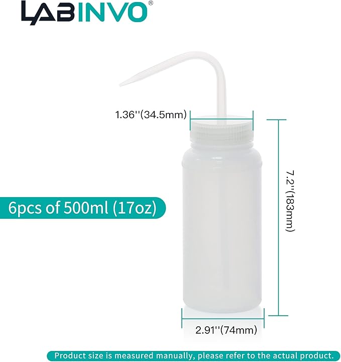 LABINVO 6pcs of Economy Wash Bottles, Vol.500ml (17oz), Wide-Mouth, Self-Venting Safety Wash Bottles, LDPE Material, IN-WBW500