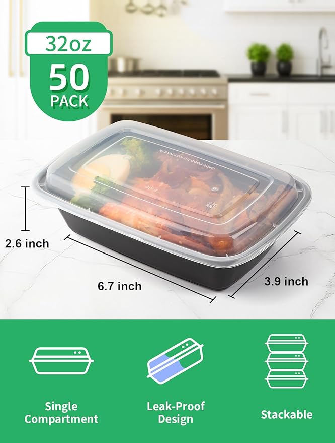 UMT Plastar 38 oz Rectangular Meal Prep Containers with Lids, 50 Pack