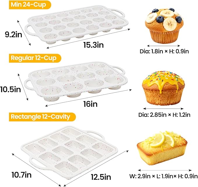 CAKETIME Metal Reinforced Bakeware Set, Silicone Muffin Pans for Baking Nonstick with Handle,12 & 24 Cup Muffin Pans and 12-Cup Mini Loaf Pan, BPA Free
