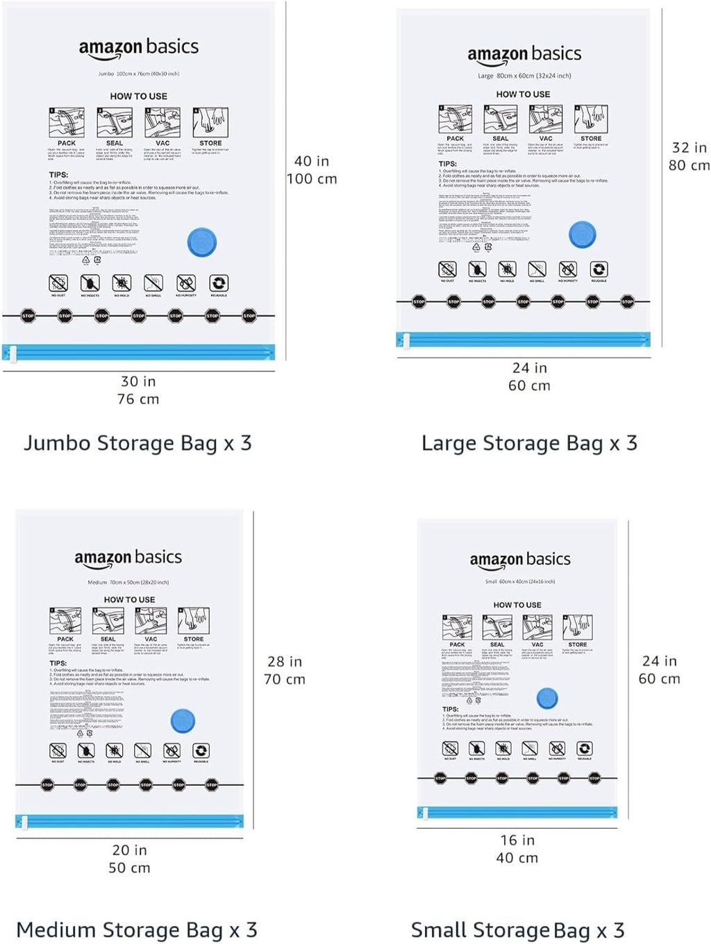 Amazon Basics Vacuum Storage Bags with Hand Pump for Travel, Space Saving Compression Bags for Clothes and Blankets, Clear, 12 Pack (3 Small, 3 Medium, 3 Large & 3 Jumbo)