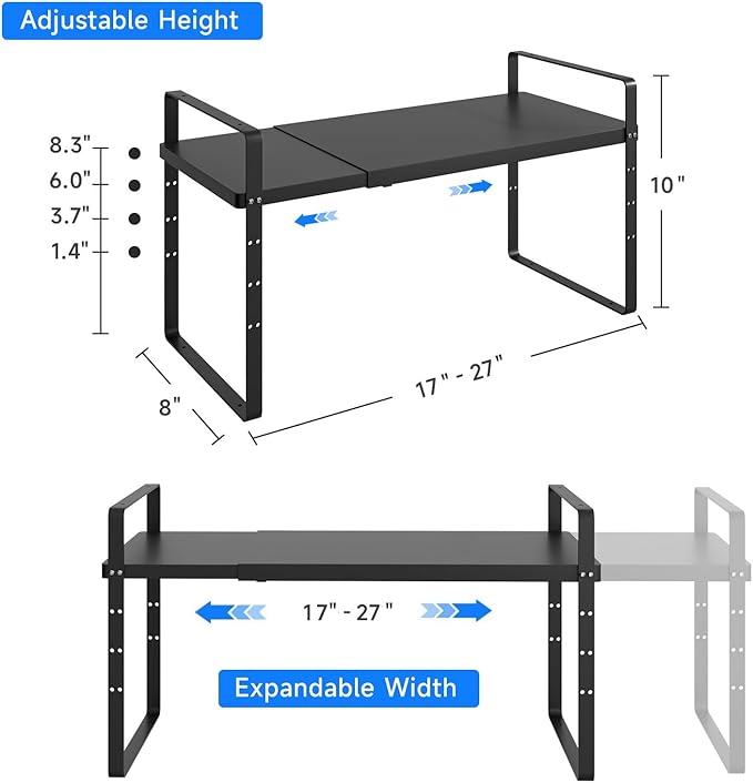 KIKIBRO Expandable Cabinet Shelf Organizer, Stackable Kitchen Pantry Counter Storage, Adjustable Closet Cupboard Stand Rack Risers Spice Organization 80LBS Heavy Duty Black Small 1 Pack