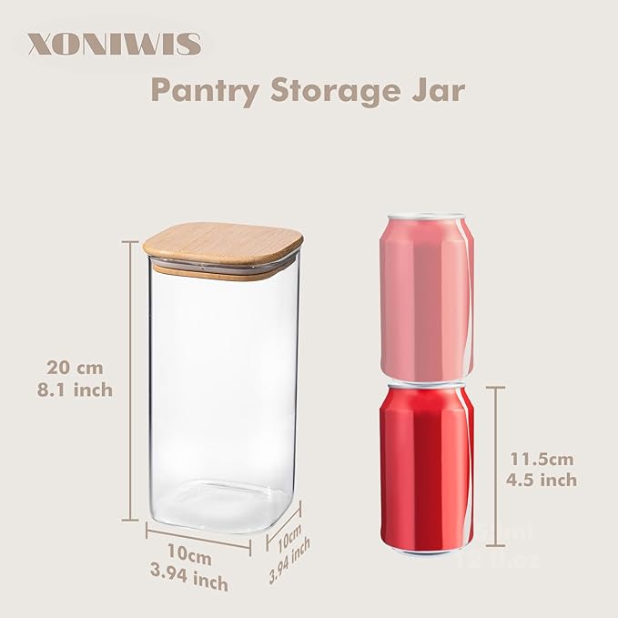 Xoniwis 3-Pack 1.6Qt Square Glass Storage Jars with Bamboo Lids
