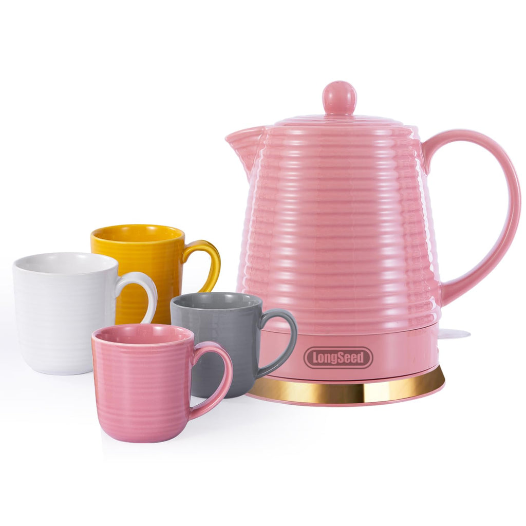 LONGSEED 1.2 Liters Ceramic Electric Kettle with Infuser & Mug Set,1000W Fast Boil Water for Tea Coffee, Teapot with Boil-Dry Protection Auto Shut Off, Detachable Swivel Base