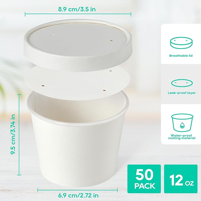 JOLLY PARTY 50pack 12oz Paper Soup Containers with Lids Disposable Food Cup