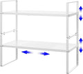 KIKIBRO Expandable Kitchen Shelf Organizers, Kitchen Cabinet Organizer Stand Rack Organization for Countertop Cupborad Pantry, White 2 Pack