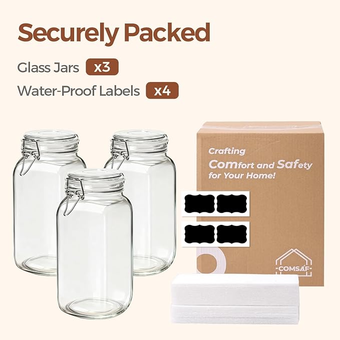 ComSaf Large Square Glass Jars with Airtight Lids 78 oz 3 Pack Wide Mouth