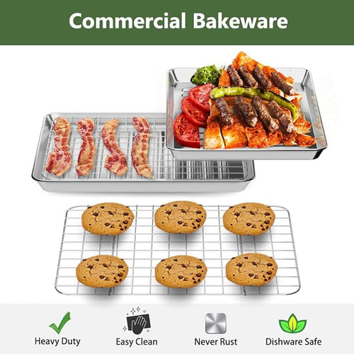 1/8 Baking Sheet Pan Cooling Rack Set, Stainless Steel 2 Pans + 2 Racks