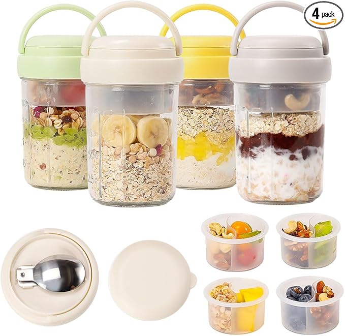 UWILLION 4 Pack Overnight Oats Containers with Handles, 16 oz Glass Mason Jars with Lids, Folding Spoons & Topping Compartments, Yogurt Parfait Cups for Weekly Meal Prep, Chia Pudding & Snacks