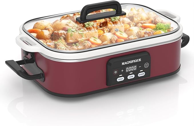 4 Quart Casserole Programmable Slow Cooker with Ceramic Baking Dish - Perfect Kitchen Small Appliance for Family Dinners, Oven Safe and Durable Bakeware for Lasagna, Roasts, Red