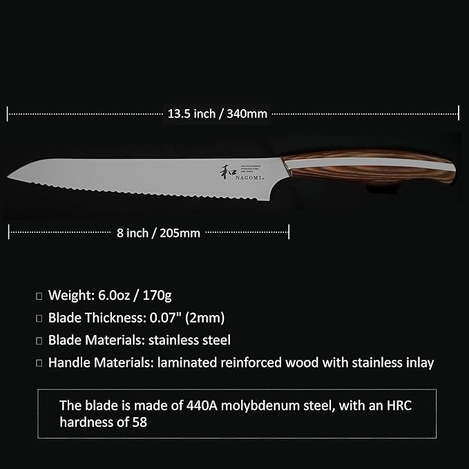 [NAGOMI] 8 inch Serrated Bread Knife, Stainless Steel HRC58 Ultra-sharp Serrated Blade Bread Knife For Homemade Bread | Black Stylish Gift Box