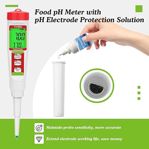 YINMIK Food pH Tester with pH Calibration Storage Solution Digital pH Meter