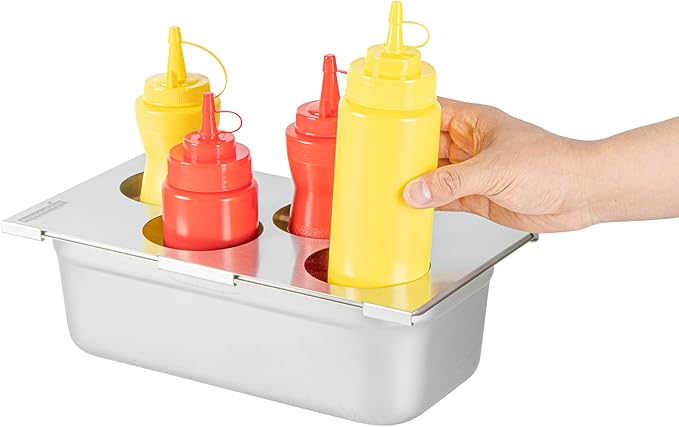Restaurantware Squeeze Bottle Organizer Top 1 Count 12.79 x 7.09 x 0.39 Inches Stainless Steel Bottle Holder - Four Hole Condiment Rack - Silver Kitchen Organizer for Food Prep