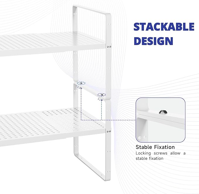 KIKIBRO Expandable Kitchen Shelf Organizers, Kitchen Cabinet Organizer Stand Rack Organization for Countertop Cupborad Pantry, White 3 Pack