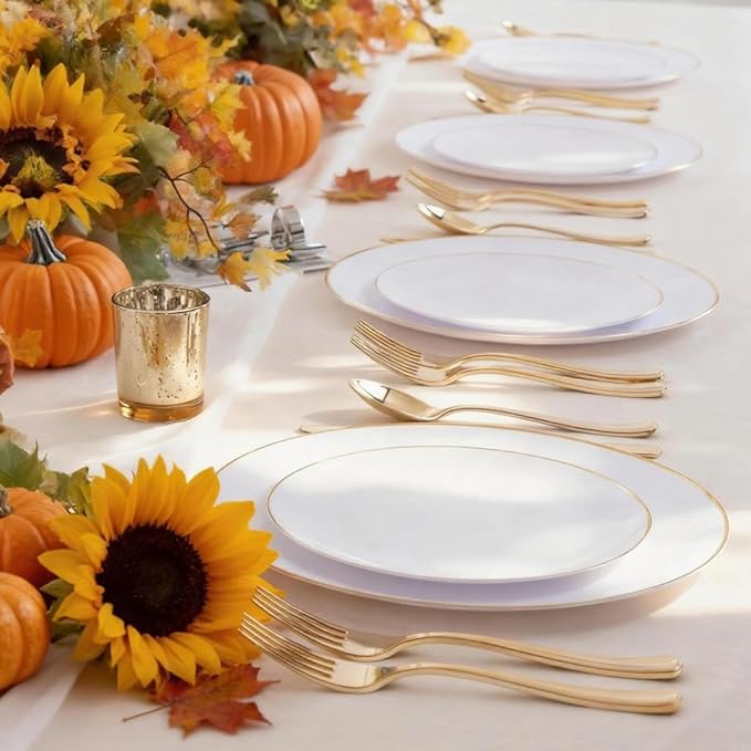 KIRE 60PCS Gold Plastic Plates - Heavy Duty White Disposable Plates with Gold Rim - Include 30Pieces 10.25inch Dinner Plate and 30Pcs 7.5inch Dessert Plate for Wedding/Spring/Graduation/Party
