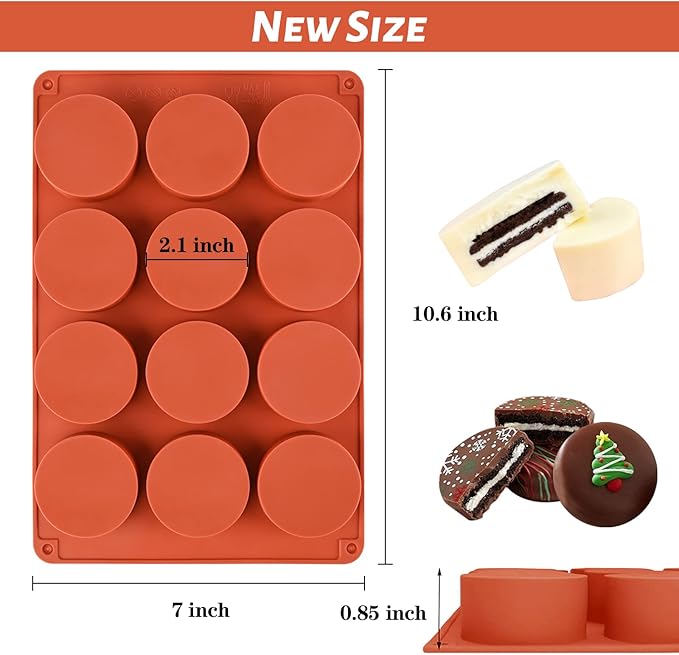 Sakolla 2 Pack Round Chocolate Cookie Molds, 12 Cavity 2.1" Cylinder Silicone Mold for Chocolate Cookie, Cake, Candy, Pudding, Mini Soap (Brown)